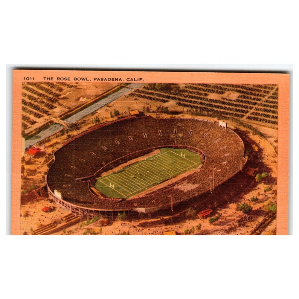 Vintage Rose Bowl Pasadena CA Postcard Aerial View Football Stadium Linen